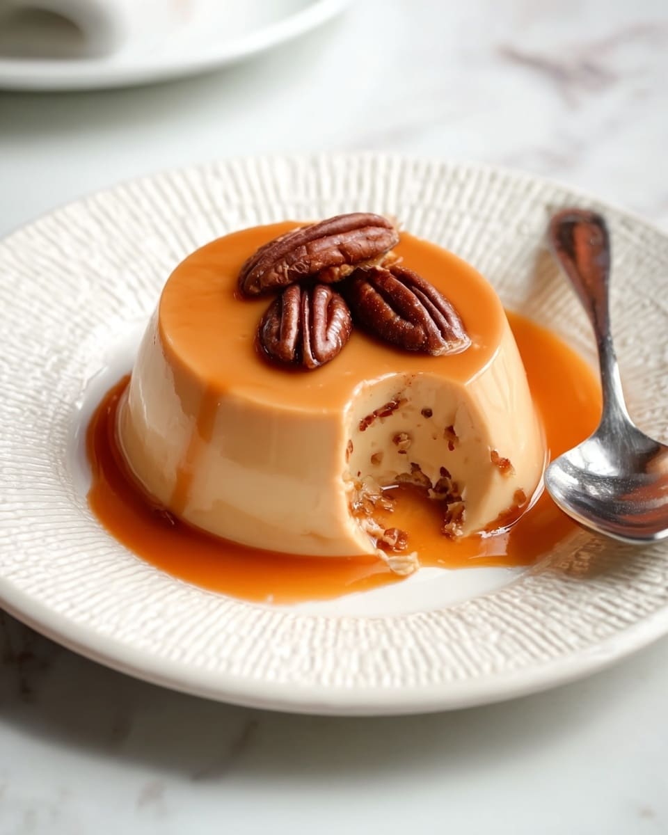 The image shows a smooth, creamy caramel-colored dessert with one bite taken out, revealing its soft and silky inside. It sits in the center of a white plate with a textured rim. On top, there are three dark brown pecan halves resting on a glossy caramel sauce that slightly drips down the sides and pools on the plate. A spoon is placed near the dessert on the right side, and the background is a white marbled texture. Photo taken with an iphone --ar 4:5 --v 7