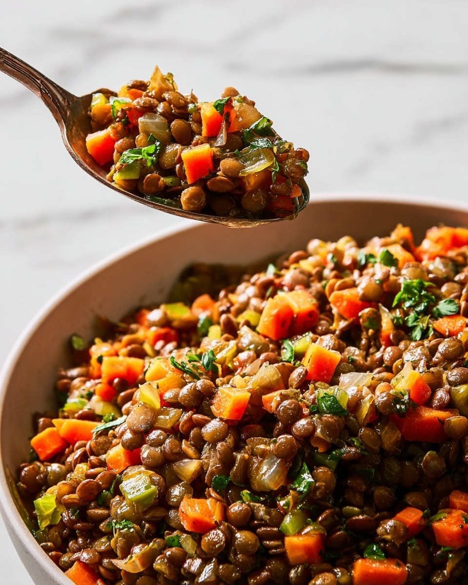 A close-up image of a bowl filled with cooked lentils mixed with diced orange carrots, small green vegetable pieces, and finely chopped onions. The lentils are brown and soft, mixed with bright orange carrot chunks and bits of green leafy vegetables scattered throughout. Small green herbs are sprinkled on top, adding texture and color. A metal spoon holds a scoop of the lentil mix above the bowl. The bowl is white and sits on a white marbled surface. The lighting highlights the glossy and moist texture of the lentils and vegetables. Photo taken with an iphone --ar 4:5 --v 7