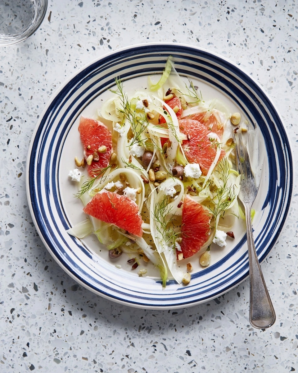A white plate with dark blue stripes holds a fresh salad made of thin, pale green and white fennel slices spread across the plate as the first layer. On top, bright pink grapefruit segments add a juicy, vibrant contrast scattered evenly. Dark purple olive slices and small dollops of white cheese are sprinkled throughout, adding texture and color variety. Tiny brown pine nuts are scattered lightly over the salad, along with delicate green fennel fronds for garnish. A silver fork rests on the right side of the plate. The whole dish is set on a white marbled textured surface. photo taken with an iphone --ar 4:5 --v 7