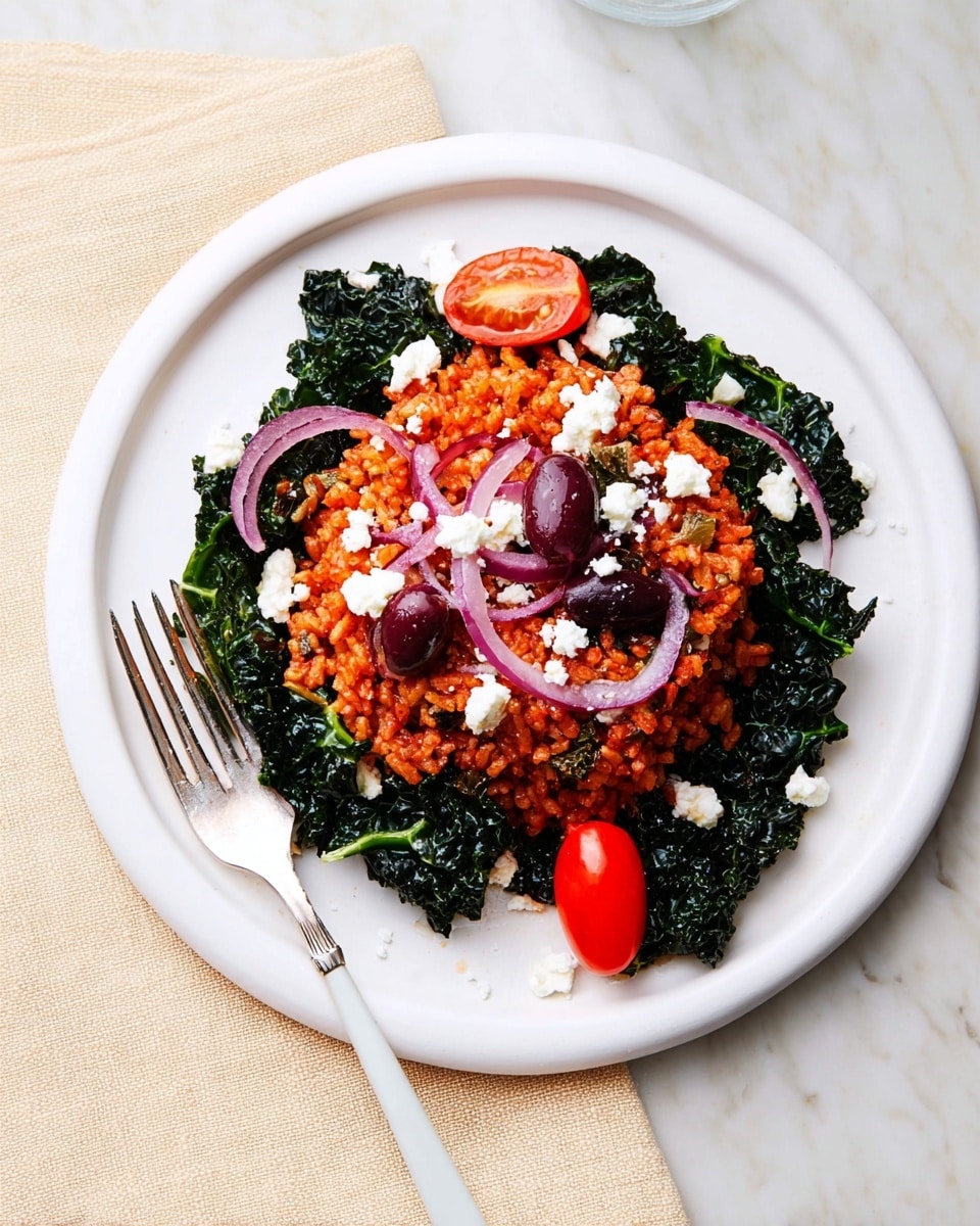 The dish is presented on a white plate set on a white marbled surface. The base layer consists of dark green, slightly wilted kale leaves arranged around the plate's edges. On top of the kale, there is a generous mound of reddish-orange seasoned rice in the center. Scattered evenly over the rice are thin, curved slices of purple-red onion, small halved cherry tomatoes with a bright red color, and dark purple olive halves. Small chunks of white crumbly cheese are sprinkled throughout the dish, contrasting against the vibrant colors below. A white-handled fork rests on the edge of the plate with one dark olive placed next to it. photo taken with an iphone --ar 4:5 --v 7
