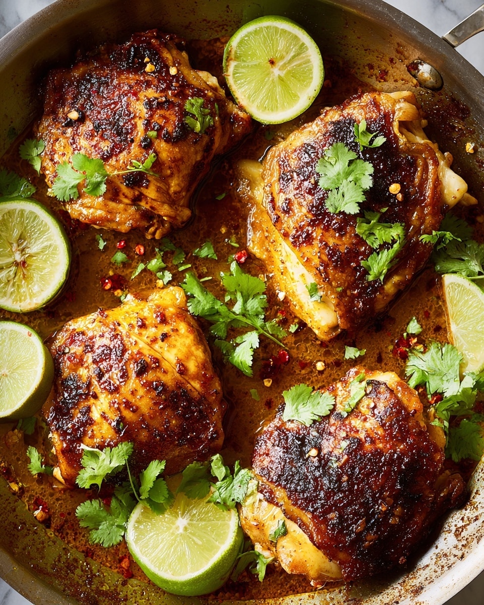 The image shows four pieces of golden-brown chicken thighs cooking in a black pan. Each piece has a crispy, slightly charred skin with visible herbs and spices sprinkled on top, creating a textured surface of reddish and green specks. The chicken is surrounded by bubbling oil that glistens and reflects light, giving a juicy and sizzling appearance. The pan edges are worn, showing the contrast between the black interior and the lighter outer rim. The scene has a close-up view capturing the deliciously crisp skin and the bubbling oil heated around the chicken pieces. photo taken with an iphone --ar 4:5 --v 7