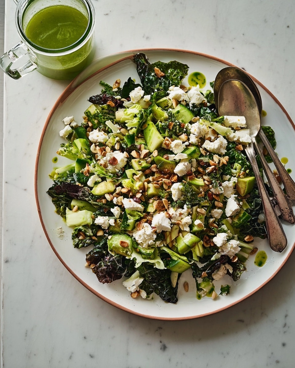 A large white plate filled with a fresh mixed salad sits on a white marbled textured surface. The salad has a base of dark leafy greens with pieces of chopped green vegetables like cucumber and cabbage mixed in. White chunks of soft cheese are scattered on top along with small toasted nuts or seeds. A green dressing is drizzled over the salad in spots. On the edge of the plate, two silver spoons rest slightly on the salad. Nearby, there is a clear glass jar partially filled with green dressing. Photo taken with an iphone --ar 4:5 --v 7