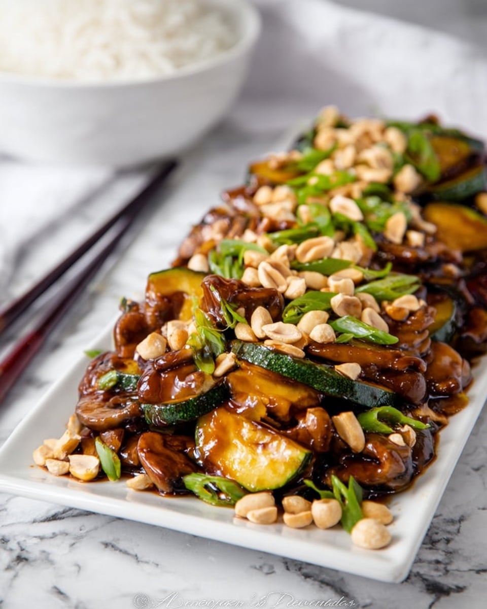 A white rectangular plate filled with a glossy stir-fry dish, featuring thick slices of zucchini and mushrooms coated in a rich, dark brown sauce. The vegetables are layered beneath a topping of roughly chopped peanuts scattered evenly across the dish, with small bright green pieces of chopped green onions adding color contrast. The plate is placed on a white marbled surface, with a white bowl of rice blurred in the background and a pair of dark chopsticks resting nearby. Photo taken with an iphone --ar 4:5 --v 7