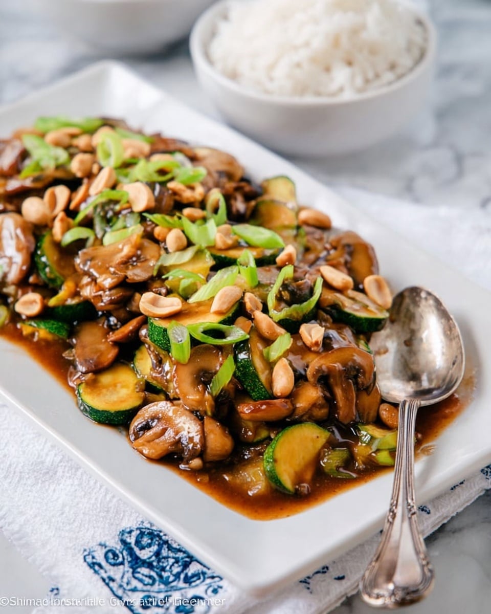 The dish is served on a white rectangular plate filled with a stir-fry mainly made of sliced brown mushrooms and green zucchini pieces cooked in a glossy brown sauce. It is topped with chopped peanuts and thin rings of fresh green onions evenly spread, adding texture and color contrast. A vintage silver spoon rests on the top right edge of the plate. In the background, there is a white bowl of plain white rice slightly out of focus. The whole setting is on a white marbled surface with a white cloth featuring blue patterns underneath the plate. photo taken with an iphone --ar 4:5 --v 7