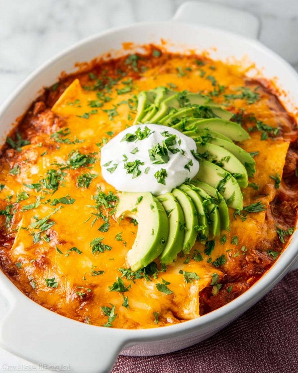A white casserole dish filled with a baked layered dish. The bottom layer is a rich red sauce with chunks of food beneath an even layer of melted bright orange cheddar cheese covering the top. Fresh chopped green herbs are scattered over the cheese. On one side, there are slices of fresh green avocado arranged in a fan shape. A dollop of white sour cream sits in the center on top of the cheese layer. The dish is placed on a white marbled surface. photo taken with an iphone --ar 4:5 --v 7