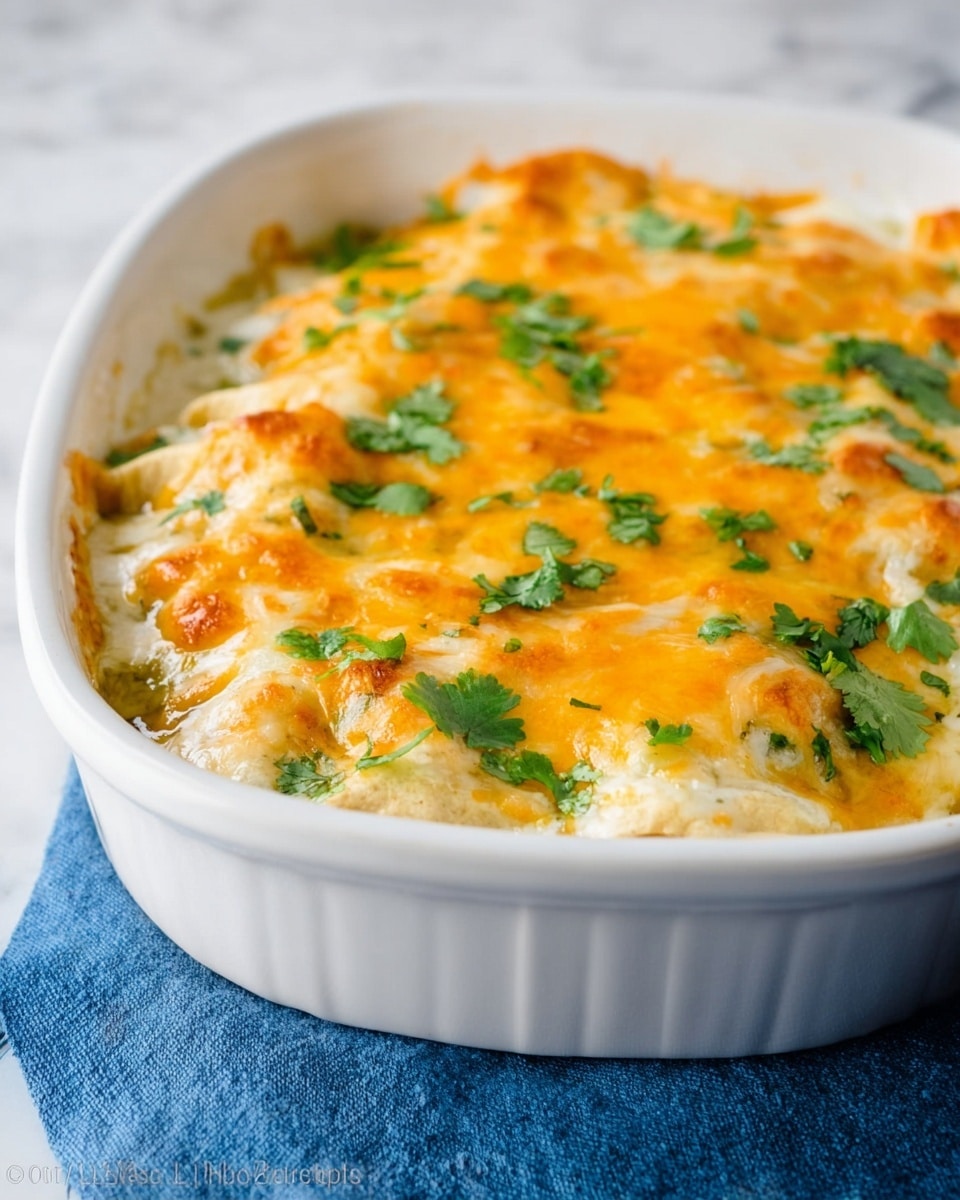 The image shows a white deep dish filled with a baked casserole. The bottom layer is soft tortillas, covered with a creamy white sauce. On top of this is a thick layer of melted bright orange cheese that looks gooey and slightly browned in some parts. Scattered over the cheese are fresh green cilantro leaves, adding pops of green color. The dish is sitting on a blue cloth over a white marbled surface. photo taken with an iphone --ar 4:5 --v 7