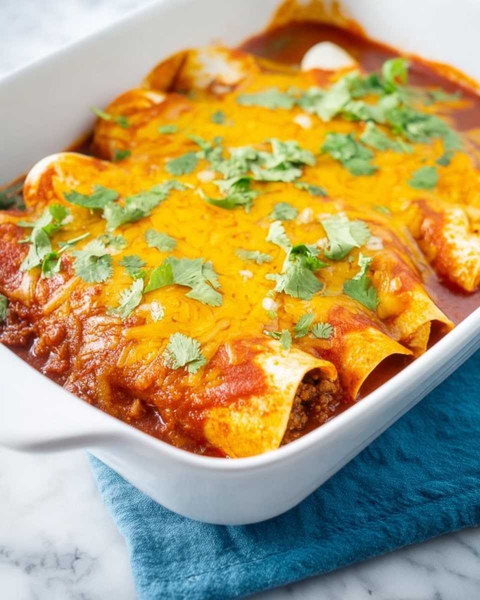 A close-up view of a white baking dish filled with three layers of enchiladas. The first layer at the bottom is a red sauce with a slightly thick texture, covering the base of the dish. The second layer shows soft corn tortillas folded and filled with a ground meat mixture, peeking out from under the sauce. The top layer is a bright orange melted cheese spread unevenly across the enchiladas, with scattered pieces of fresh green cilantro leaves adding a fresh pop of color. The dish is placed on a blue cloth over a white marbled surface. photo taken with an iphone --ar 4:5 --v 7