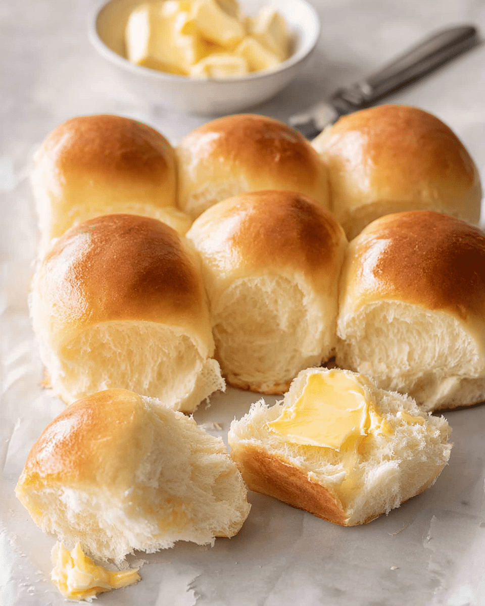 A group of soft, golden-brown bread rolls with a smooth, lightly shiny top layer are placed closely together on a white marbled surface. One roll in the front is split open, revealing a fluffy, pale inside with a creamy layer of pale yellow butter spread generously on it. The butter looks smooth and creamy, adding a rich texture to the bread. In the background, there is a small white bowl filled with more butter and a silver butter knife resting beside it. The overall scene highlights the warm, tender texture of the rolls and the creamy butter on the light, white marbled base. Photo taken with an iphone --ar 4:5 --v 7
