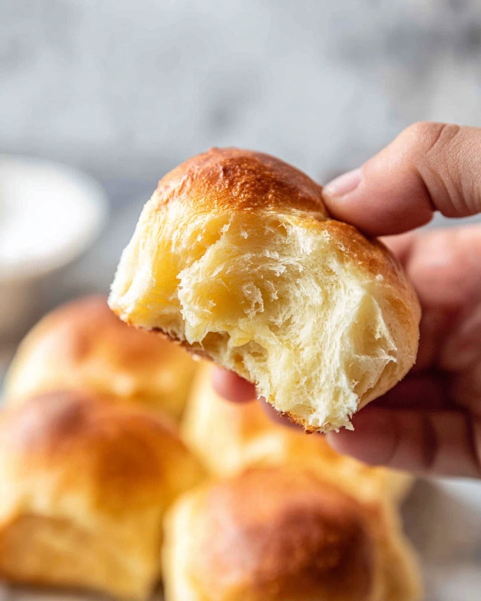 A woman's hand holds a soft, golden-brown bread roll that is torn open to show its fluffy, light yellow inside with a smooth, slightly shiny texture. The top of the bread roll is a warm tan color, while the inner side looks moist and pillowy. In the blurred background, more similar bread rolls rest on a white marbled surface. Photo taken with an iphone --ar 4:5 --v 7