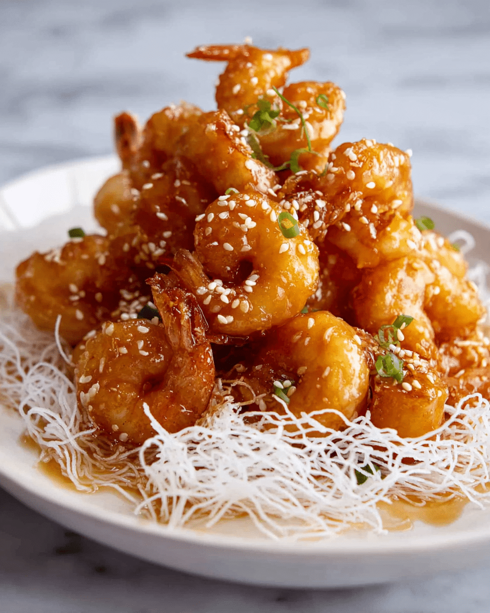 A white plate holds a pile of golden fried shrimp coated in a shiny light brown sauce, sprinkled with white sesame seeds and small bits of green garnish. The shrimp are arranged in a loose mound on a bed of thin, crispy white rice noodles that look airy and delicate, adding texture and height to the dish. The background shows a soft white marbled texture, enhancing the warm color of the shrimp. Photo taken with an iphone --ar 4:5 --v 7