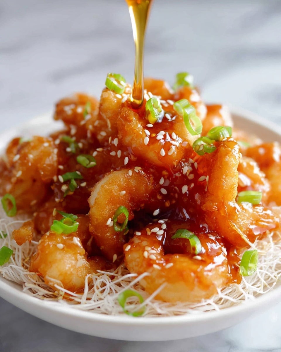 The image shows a close-up of a dish with crispy shrimp coated in a shiny orange sauce, layered on top of a bed of white, thin, crunchy noodles. The shrimp are garnished with small white sesame seeds and chopped green onions scattered across the top. A golden sauce is being poured over the shrimp from above, creating a glossy, wet texture on the shrimp. The dish is served in a white bowl, placed on a white marbled surface, and the photo captures the shrimp and sauce in focus with a soft blurred background. photo taken with an iphone --ar 4:5 --v 7