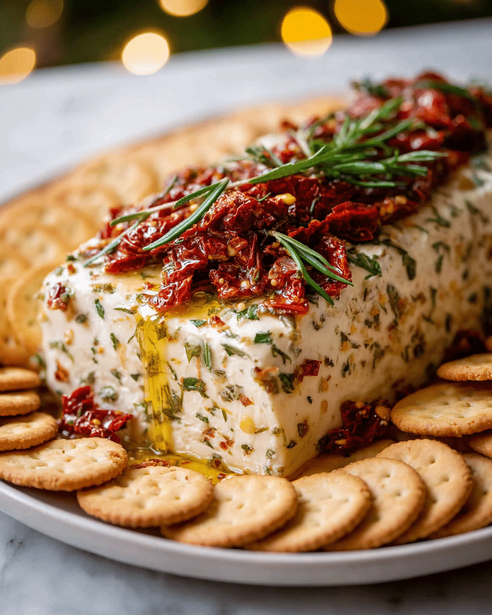A rectangular white cheese block sits in the center of a white plate, covered with herbs mixed into it, giving it a speckled texture. On top, there is a thick layer of chopped sun-dried tomatoes and fresh green rosemary sprigs. Golden oil is slowly dripping down the sides of the cheese block, adding a shiny and rich look. The cheese is surrounded closely by round, light brown crackers neatly arranged around the edges of the plate. The background features a soft, blurry light with warm tones and the plate is placed on a white marbled surface. photo taken with an iphone --ar 4:5 --v 7