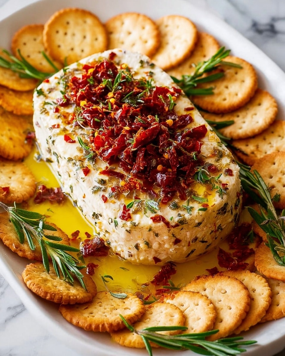 A rectangular block of soft cheese mixed with herbs and small bits of red peppers sits in the center of a white plate on a white marbled surface. The cheese block is topped with a generous layer of chopped sun-dried tomatoes and fresh green rosemary sprigs, while finely chopped green herbs are sprinkled all over it. Surrounding the cheese are evenly arranged round, golden-brown crackers, some overlapping to create a neat border. Around the base of the cheese, pools of golden olive oil with scattered sun-dried tomato bits add a rich shine, giving the scene a warm, inviting look. Photo taken with an iphone --ar 4:5 --v 7
