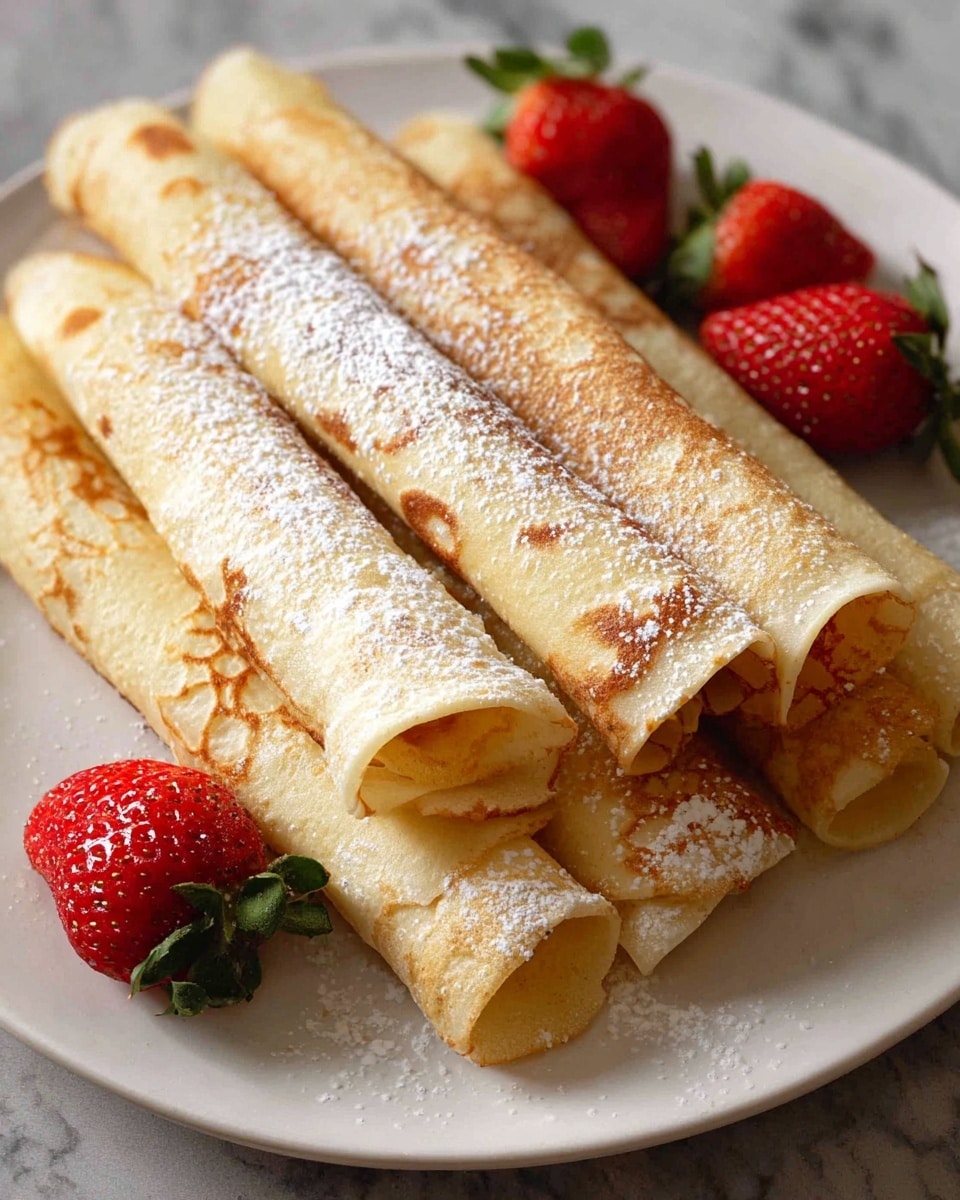 The image shows a white plate filled with six thin, golden-brown rolled crepes stacked in a loose pile. The crepes have a lightly crisp texture with some spots darker than others. A dusting of white powdered sugar covers the tops of the crepes unevenly, adding a snowy look. Three fresh, bright red strawberries with green stems are placed around the crepes, two on the plate and one partially leaning against the crepes. The plate is set on a white marbled surface that contrasts softly with the warm tones of the crepes and the vibrant red of the strawberries. photo taken with an iphone --ar 4:5 --v 7