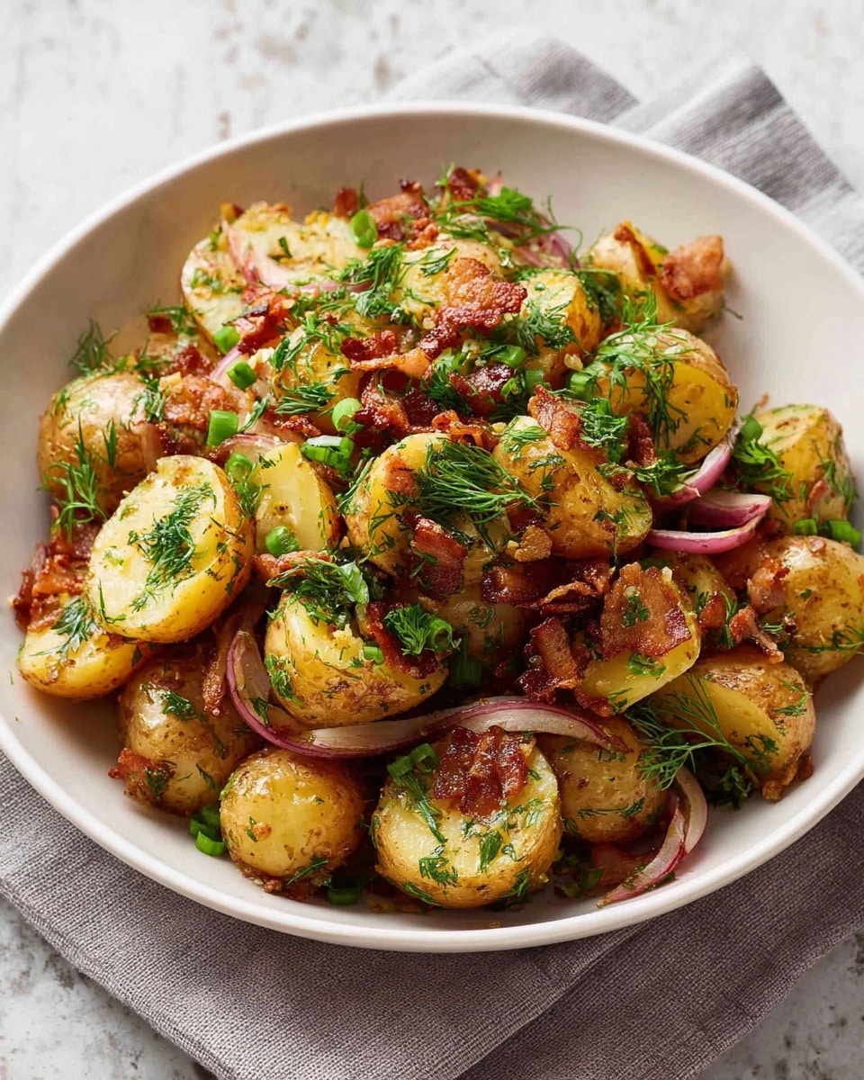 The image shows a white bowl filled with a warm potato salad. There are many small, halved potatoes with golden-yellow insides and light brown skins. Mixed among the potatoes are thin slices of reddish-purple onion and small pieces of crispy, browned bacon scattered on top. Fresh green herbs like dill and chopped green onions are sprinkled all over, adding a fresh look. The bowl sits on a light gray cloth with a white marbled texture surface underneath. Photo taken with an iphone --ar 4:5 --v 7