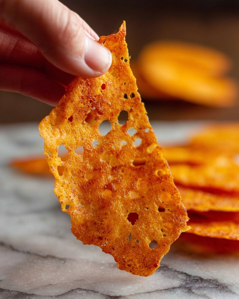 The image shows a close-up of a thin, crispy orange cheese crisp with a lacy texture, featuring small holes and brown spots on its surface. A woman's hand is holding the crisp delicately by one edge, lifting it upward. In the blurred background, several other crisps rest on a surface with a white marbled texture, adding depth and warmth to the scene. The colors highlight the crisp’s golden-orange tone and crunchy, delicate look. photo taken with an iphone --ar 4:5 --v 7