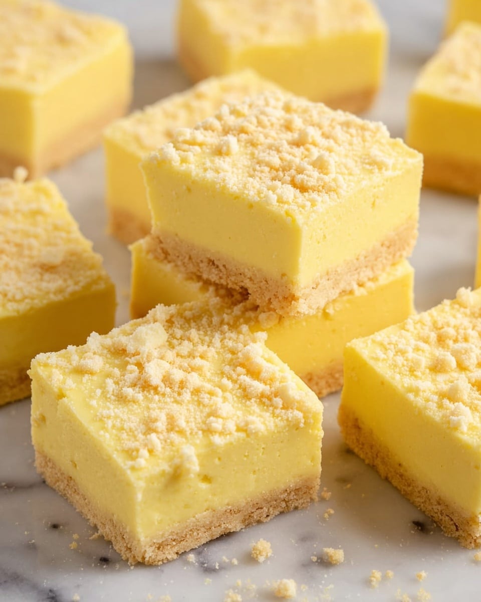 The image shows several square pieces of a pale yellow dessert with a crumbly, light brown topping. Each piece has two distinct layers: a smooth, dense yellow bottom layer and a slightly thicker yellow top layer dusted with small crumbs that add a textured look. The squares are arranged on a white marbled surface, with one piece stacked on top of two others in the center, creating a small tower effect. The edges of the squares are sharp and neat, highlighting the smooth texture of the dessert inside. Photo taken with an iphone --ar 4:5 --v 7