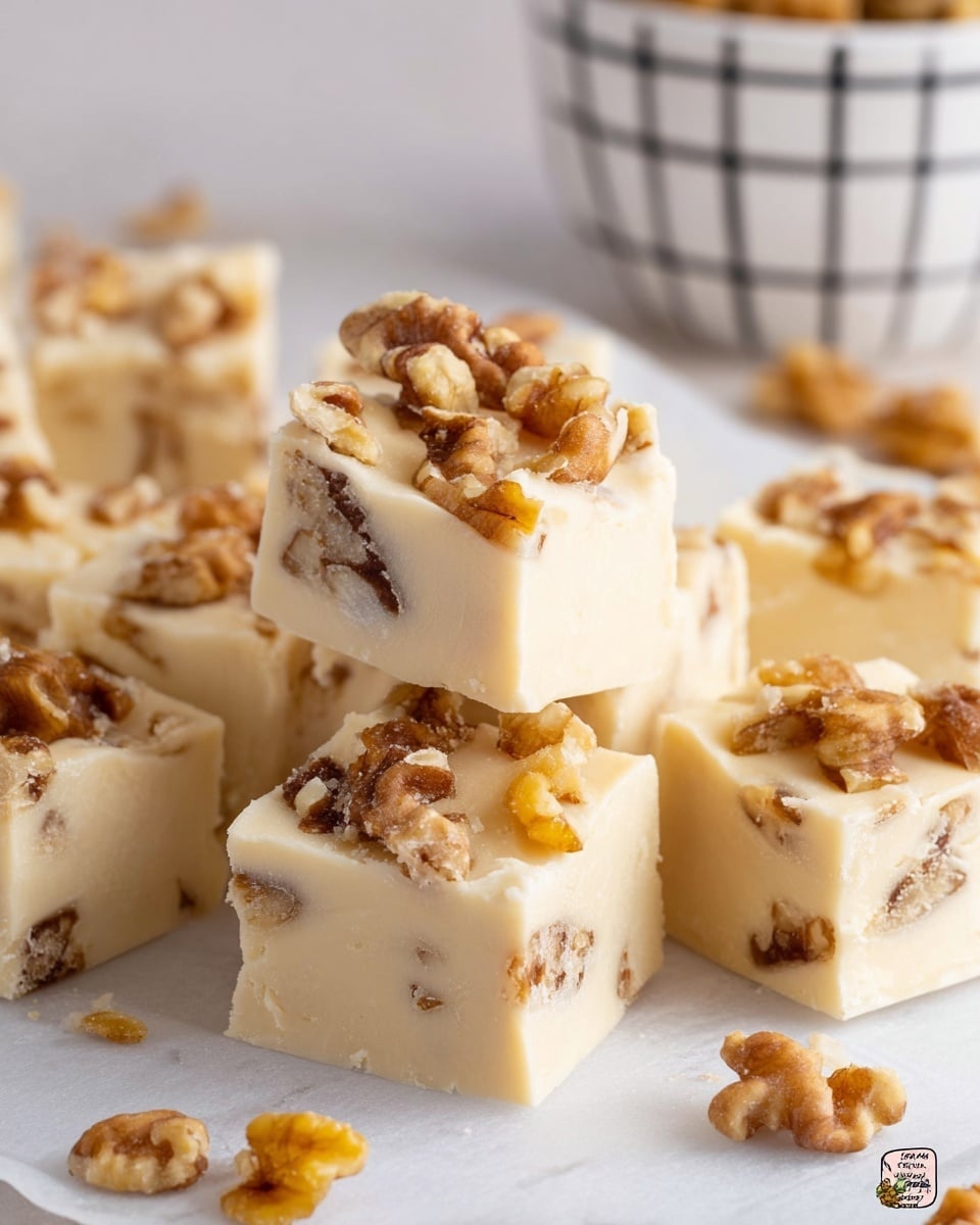 Several thick, square pieces of creamy white fudge are shown stacked and spread out on a white marbled surface. Each fudge piece is topped and mixed with unevenly broken walnut pieces that add a rough texture with rich brown and golden tones. The fudge itself looks smooth and dense with a slight bite mark visible on the top piece. Small walnut fragments are scattered around the fudge squares, enhancing the natural, rustic look of the sweet treat. In the blurry background, a part of a white bowl with a black grid pattern is visible. Photo taken with an iphone --ar 4:5 --v 7
