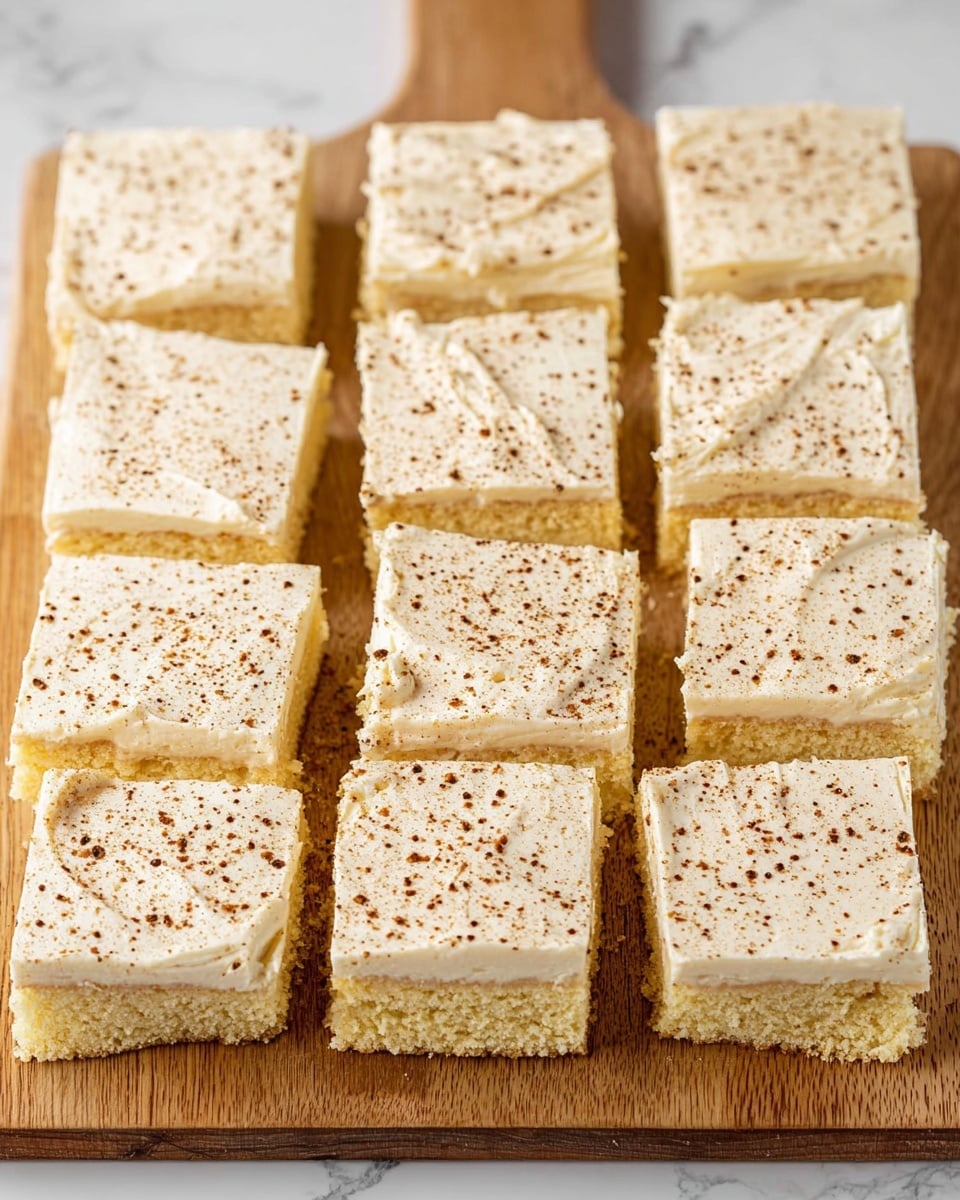 A wooden board holds 16 square pieces of cake arranged neatly with some slight gaps between them. Each piece has two visible layers: a pale yellow cake base with a light, creamy white frosting layer on top. The frosting is smooth and evenly spread, sprinkled with tiny brown specks that look like cinnamon or nutmeg powder. The edges of the cake pieces are slightly uneven, showing the soft texture of the cake inside. The background shows a white marbled texture beneath the board. photo taken with an iphone --ar 4:5 --v 7