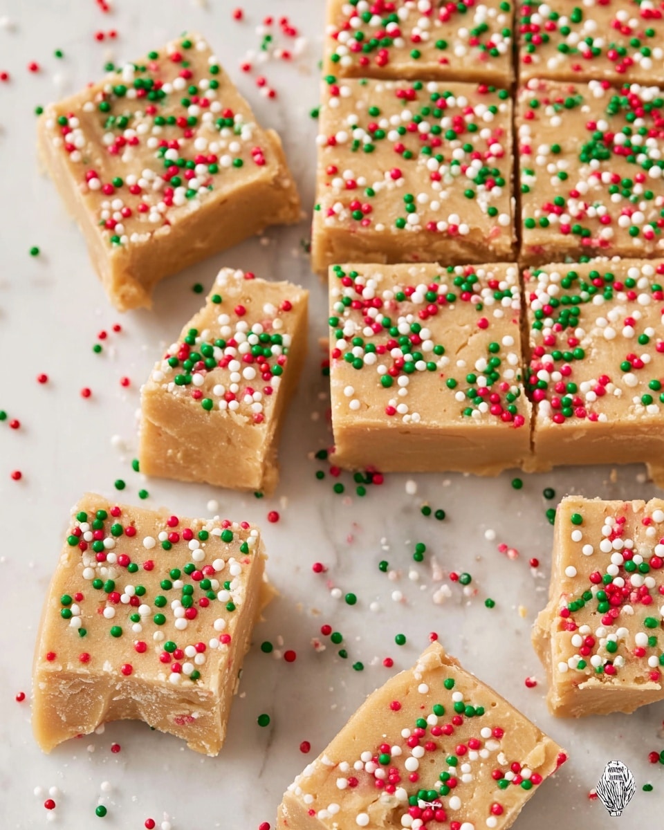 A close-up of a thick, light tan fudge cut into squares, each piece topped with small round sprinkles in red, green, and white scattered evenly across the surface. The fudge has a dense and smooth texture, with slightly rough edges where it has been cut. The pieces are arranged on a white marbled surface, showing the large uncut section on one side and several smaller cut squares laid out beside it. Some sprinkles are scattered around the squares on the surface. Photo taken with an iphone --ar 4:5 --v 7