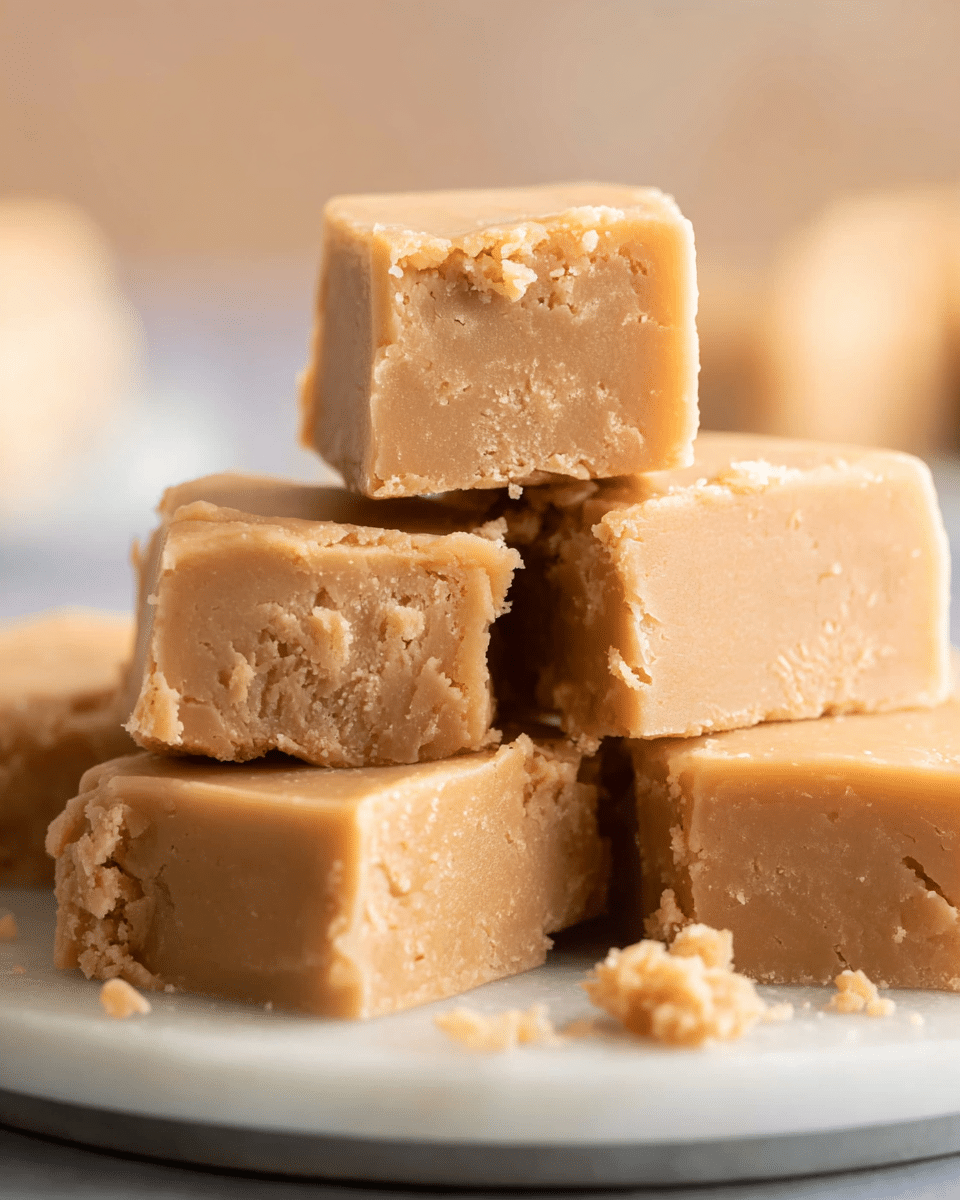A stack of six square fudge pieces sits closely together on a white plate, with the top piece slightly lifted and balanced upright on the three pieces below it. The fudge is light brown and has a smooth yet slightly crumbly texture, with small crumbs scattered around the edges of the pieces. The plate sits on a white marbled surface, and the background is softly blurred with warm tones. photo taken with an iphone --ar 4:5 --v 7