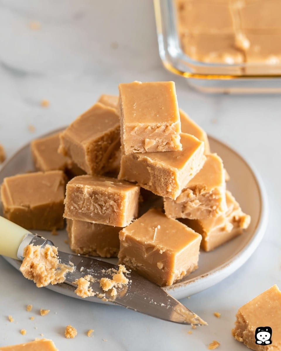 Square pieces of light brown fudge are stacked unevenly on a round white plate, showing smooth tops with small crumbly bits scattered on them. A silver knife with a light yellow handle rests on the plate's edge with some fudge crumbs attached. In the top left corner, more square fudge pieces are visible inside a glass dish with a gold rim. The scene is set on a white marbled surface with a few small crumbs around. photo taken with an iphone --ar 4:5 --v 7