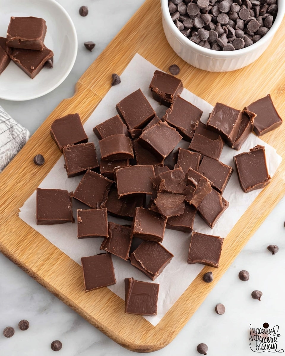 The image shows many small, smooth chocolate fudge squares laid out on a piece of white paper on a light wooden cutting board. The fudge is dark brown, with a glossy and creamy texture on the top. Nearby, there is a white bowl filled with dark brown chocolate chips and a white plate holding a few more fudge squares. Scattered chocolate chips are also seen on the white marbled surface around the cutting board. photo taken with an iphone --ar 4:5 --v 7