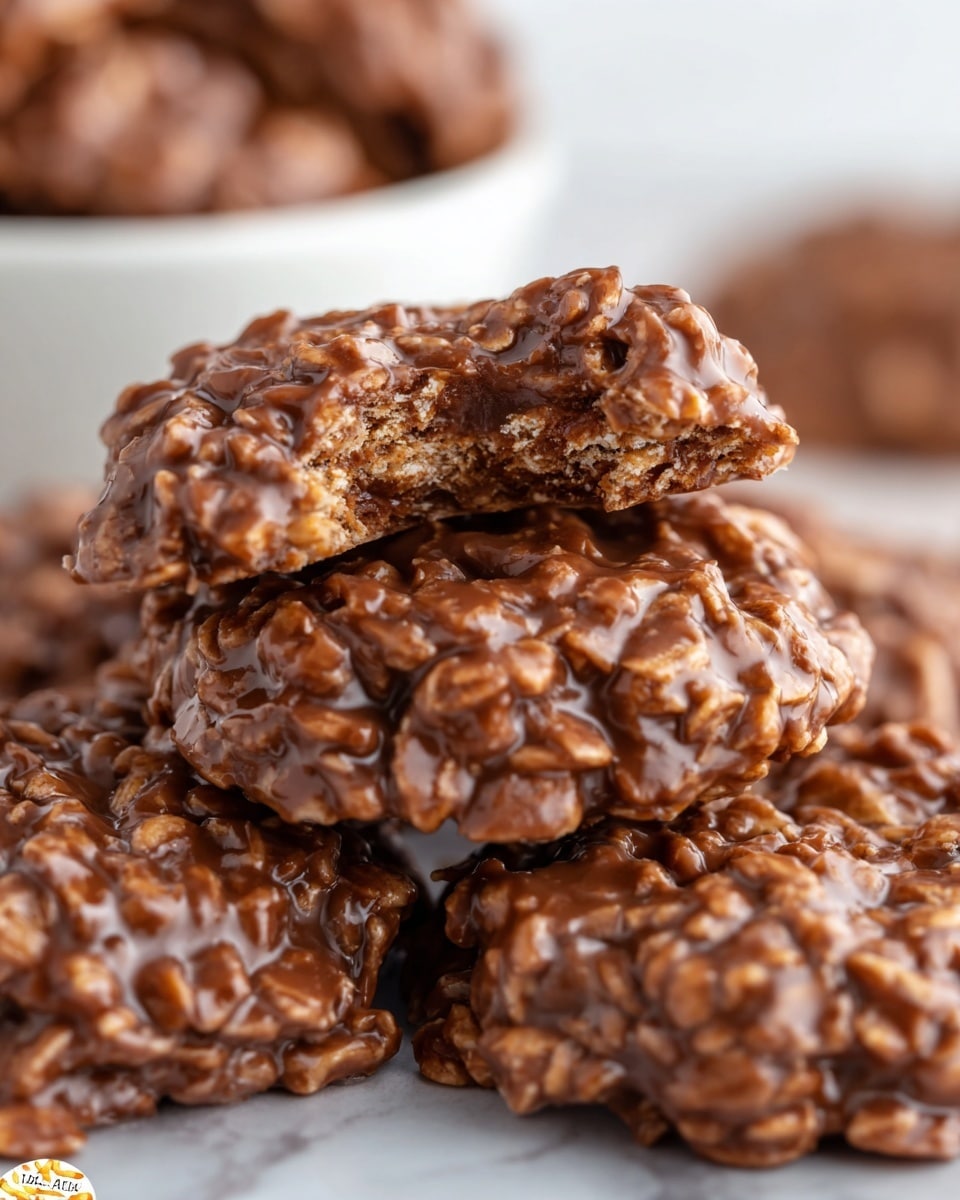 A close-up view of several no-bake chocolate oatmeal cookies stacked loosely together on a white marbled surface, each cookie showing a rough, chunky texture from oats coated in glossy milk chocolate. The front cookie has a bite taken out, revealing a dense, chewy inside with small oat pieces embedded in smooth chocolate. The cookies have uneven round shapes with a slightly bumpy surface that catches light softly. In the blurred background, a white bowl can be seen filled with more cookies. photo taken with an iphone --ar 4:5 --v 7
