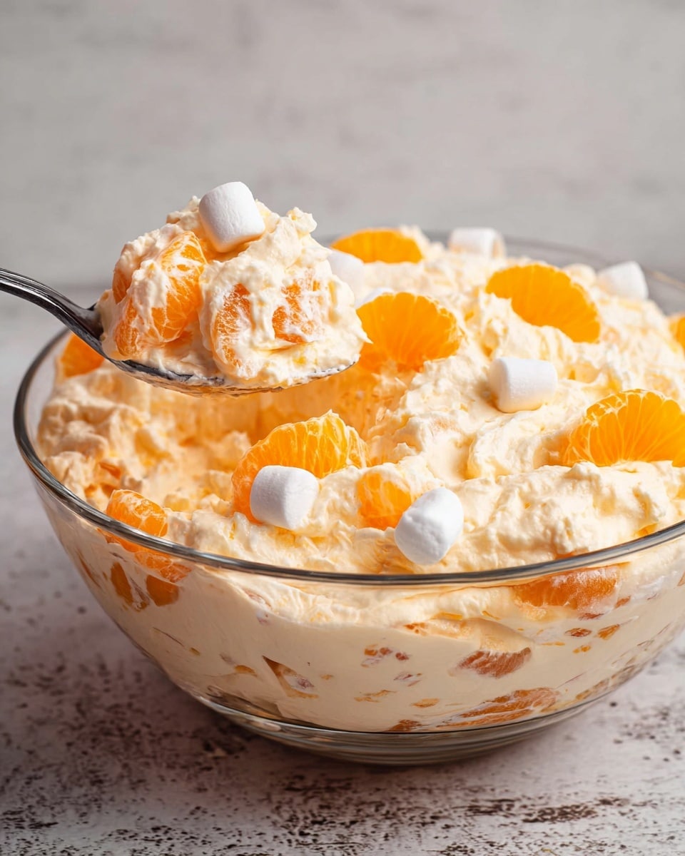 A clear round glass bowl holds a creamy orange dessert made of fluffy layers with a light, whipped texture. Scattered on top are bright orange mandarin slices and small white marshmallows, adding pops of color and soft shapes. A spoon rests inside the bowl, scooping up a portion that shows the creamy inside mixed with mandarin pieces. The bowl sits on a white marbled textured surface, giving a clean and simple background. photo taken with an iphone --ar 4:5 --v 7