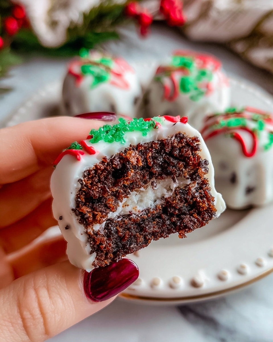 A close-up view shows a small treat held by a woman's hand with dark red nail polish. The treat has two main layers: the inside is dark brown, crumbly chocolate cake, and the middle has a creamy white filling. The treat is covered with a smooth white icing. On top of the icing, there are small green sugar crystals and red icing swirls decorating the surface. The treat rests on a white plate with small dot designs along the edge, with more treats visible in the background on a white marbled surface. photo taken with an iphone --ar 4:5 --v 7