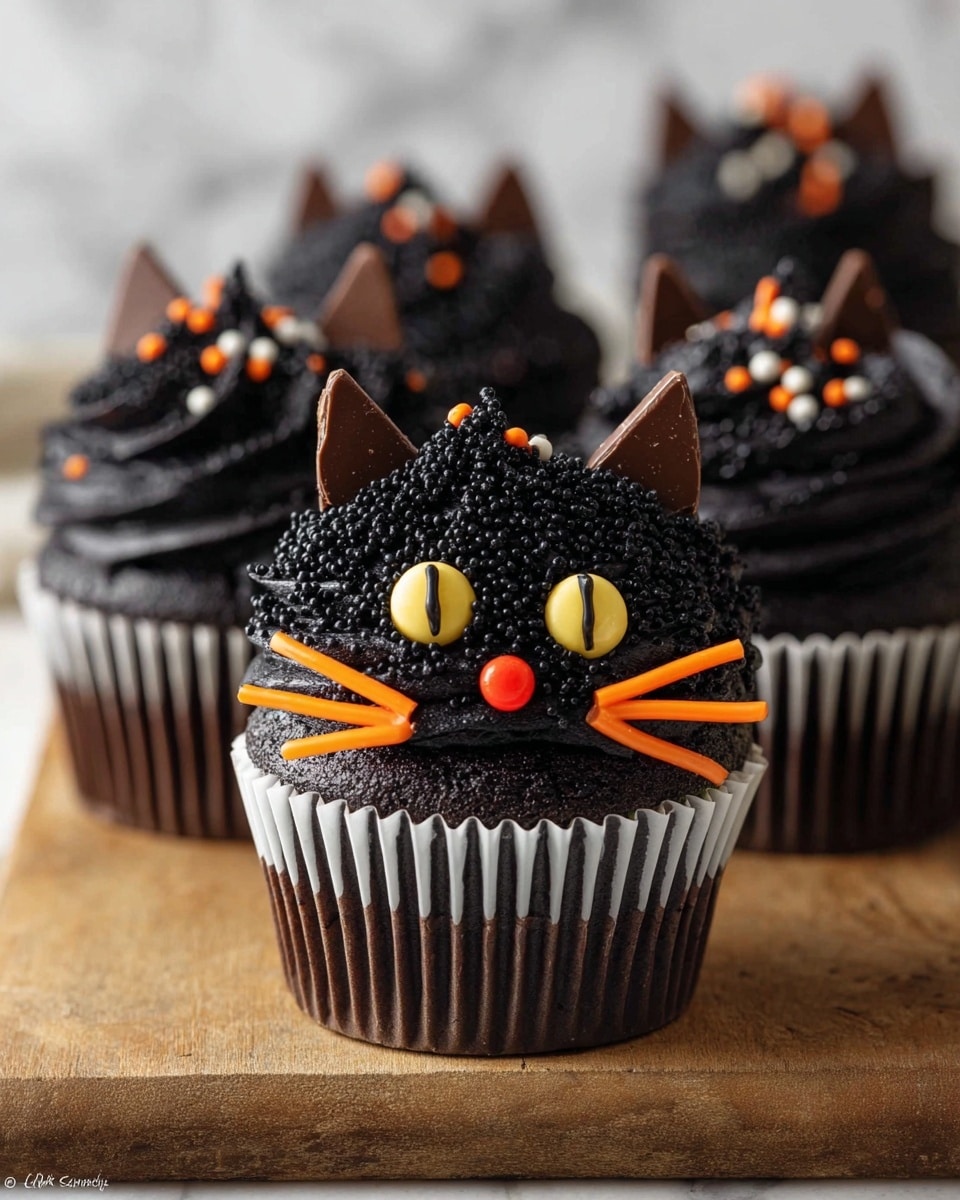 A black cat cupcake sits in a white paper liner on a wooden board with a white marbled background. The cupcake has dark chocolate cake and smooth black frosting shaped in swirls with black sprinkles covering the frosting, forming the cat's face. Two triangle-shaped milk chocolate pieces stand up as ears at the top. Two large yellow candy eyes with vertical black lines create the cat’s animated eyes in the center. Below the eyes, a small round red candy acts as the nose, and six thin orange candy sticks form the whiskers, three on each side. Behind it, more cupcakes with dark black frosting swirl topped with tiny orange, white, and black sprinkles are visible. photo taken with an iphone --ar 4:5 --v 7
