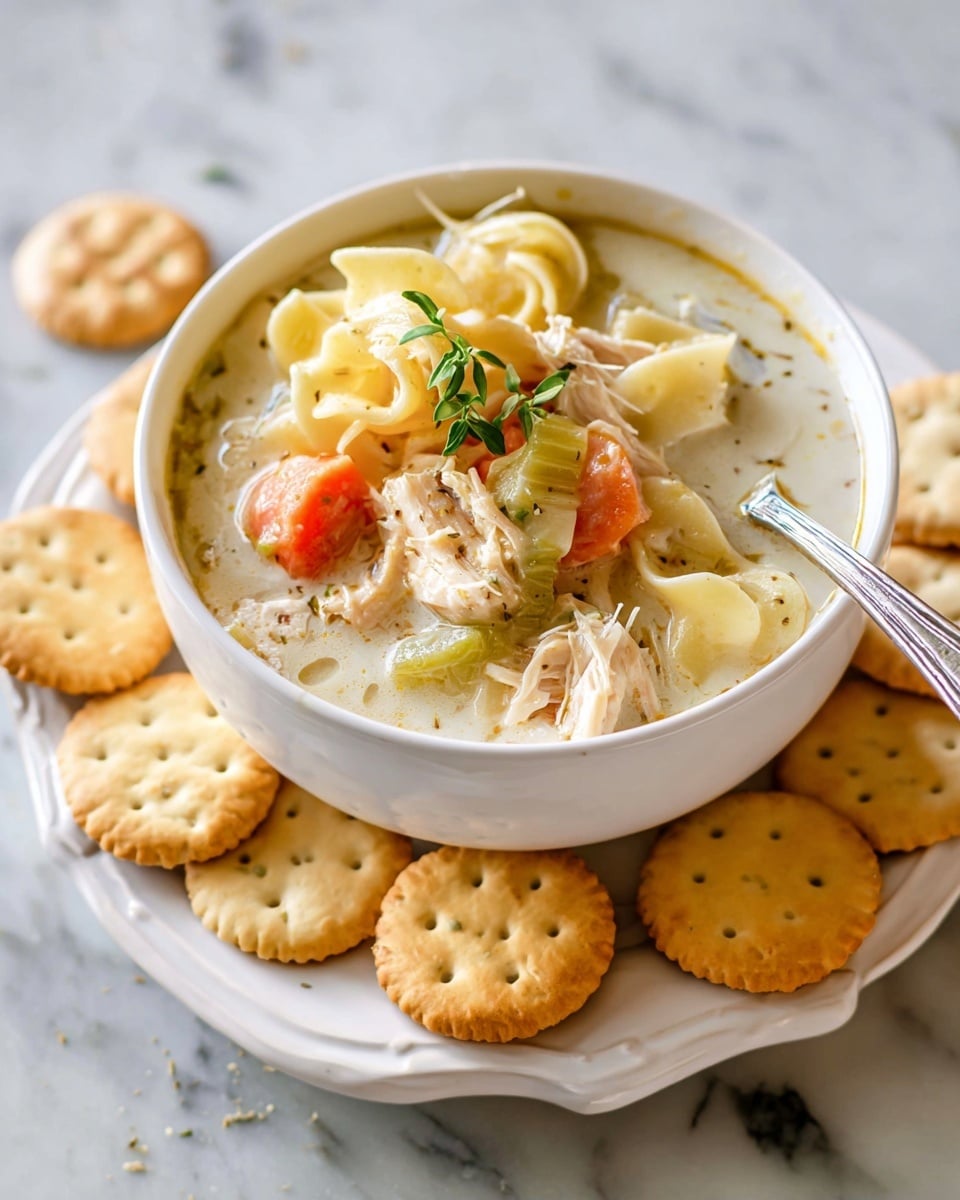 A white bowl filled with creamy chicken soup placed on a white plate scattered with round golden crackers. Inside the soup, there are visible layers including shredded light brown chicken pieces, translucent pale celery slices, orange carrot rounds, and wide, curled egg noodles with a pale yellow color. A small green herb sprig rests on top of the soup, adding a fresh touch. The soup’s broth looks thick and white with small bits of seasoning throughout. A silver spoon is partially submerged in the soup, all arranged on a white marbled surface. photo taken with an iphone --ar 4:5 --v 7