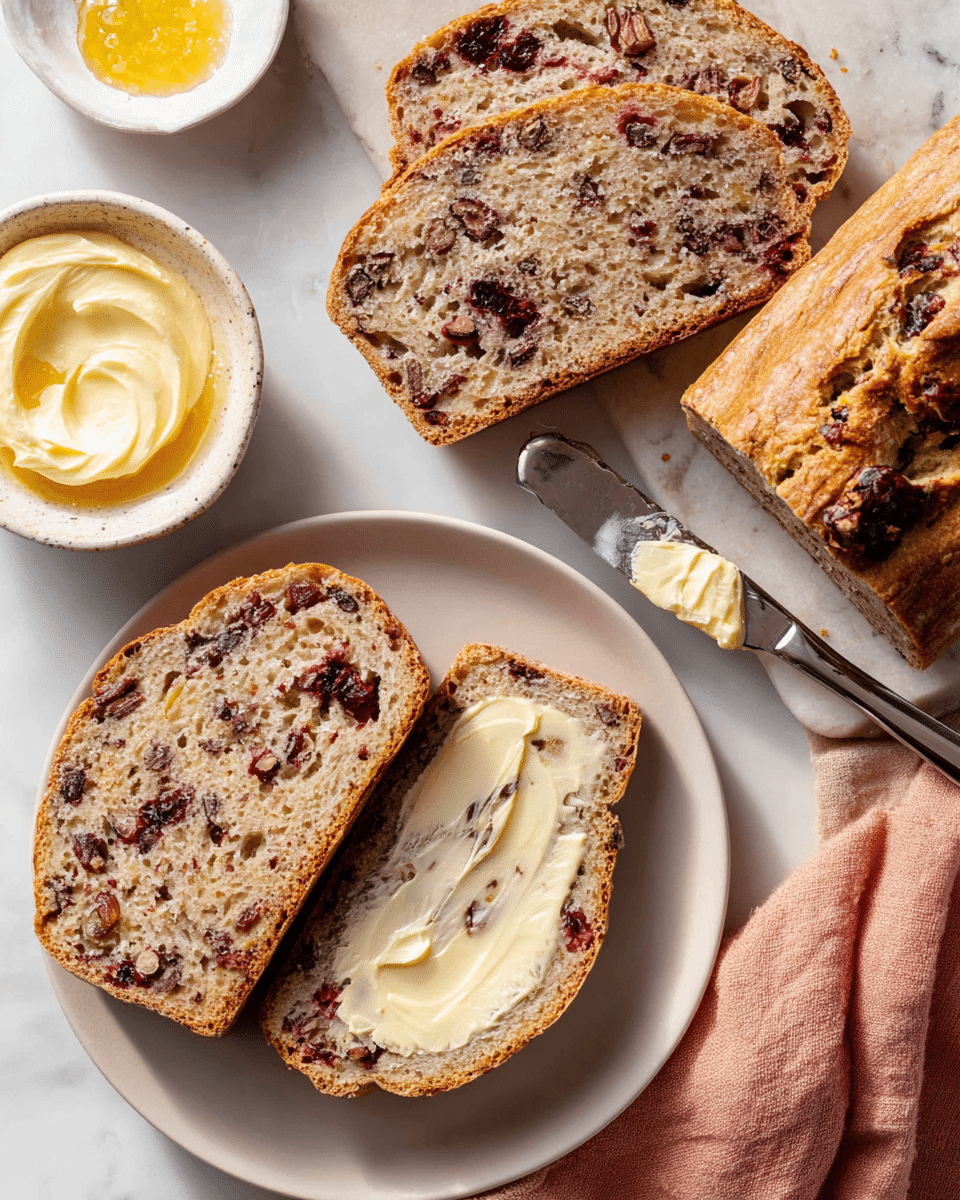 The image shows three slices of nut and berry bread with a golden-brown crust and a soft, light brown inside filled with dark red berries and pieces of nuts. One slice on a white plate has a thick layer of creamy butter spread on it, while the other two slices lie flat on a white marbled surface next to a butter knife with some butter on the blade. A small white bowl next to the bread holds a swirl of soft butter with a small pool of honey in the center. The scene is bright with natural light and features a slightly crumpled peach-colored cloth napkin on the right side. Photo taken with an iphone --ar 4:5 --v 7