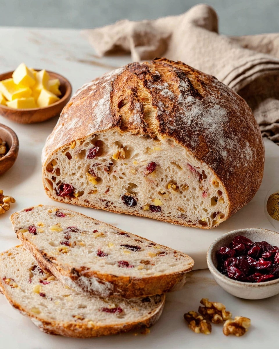 A round loaf of bread with a crusty, golden-brown top dusted with flour sits on a white marbled surface. The loaf is partially sliced, revealing a soft, speckled interior filled with pieces of dark red cranberries and light brown walnut chunks scattered evenly throughout. Two slices lie flat in front of the loaf, showing the dense but airy texture inside. Around the bread are small bowls: one with yellow butter curls, one with walnut pieces, and another with dried cranberries. A textured, beige cloth is softly folded in the background. Photo taken with an iphone --ar 4:5 --v 7