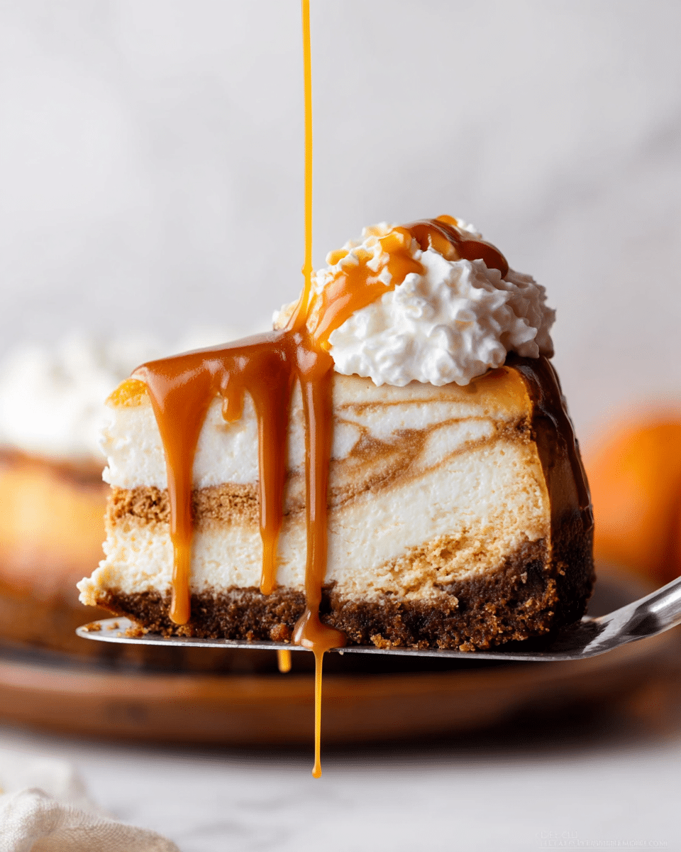 The image shows a thick slice of cheesecake held on a metal serving spatula, with three clear layers: a dark brown crumbly crust at the bottom, a creamy white and light brown swirled cheesecake filling in the middle, and a fluffy white whipped topping on top. Smooth caramel sauce in a rich amber shade is drizzling down over the whipped layer and sides. The background has a soft focus with warm tones and a white marbled texture providing a clean contrast. Photo taken with an iphone --ar 4:5 --v 7