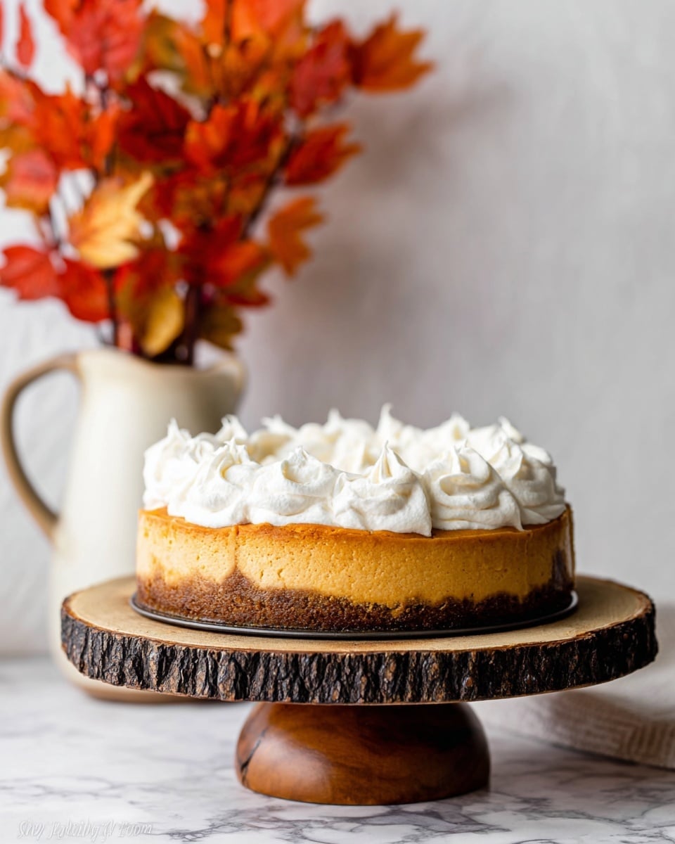 A three-layer pumpkin cheesecake sits on a round wooden stand with dark bark edges. The bottom layer is a dark brown crust with a rough texture, the middle layer is a thick, smooth pumpkin cheesecake in a warm orange color, and the top layer is a fluffy, white whipped cream spread thickly with soft peaks. In the background, there is a white pitcher holding branches with bright red and orange leaves, all set against a white marbled surface. Photo taken with an iphone --ar 4:5 --v 7