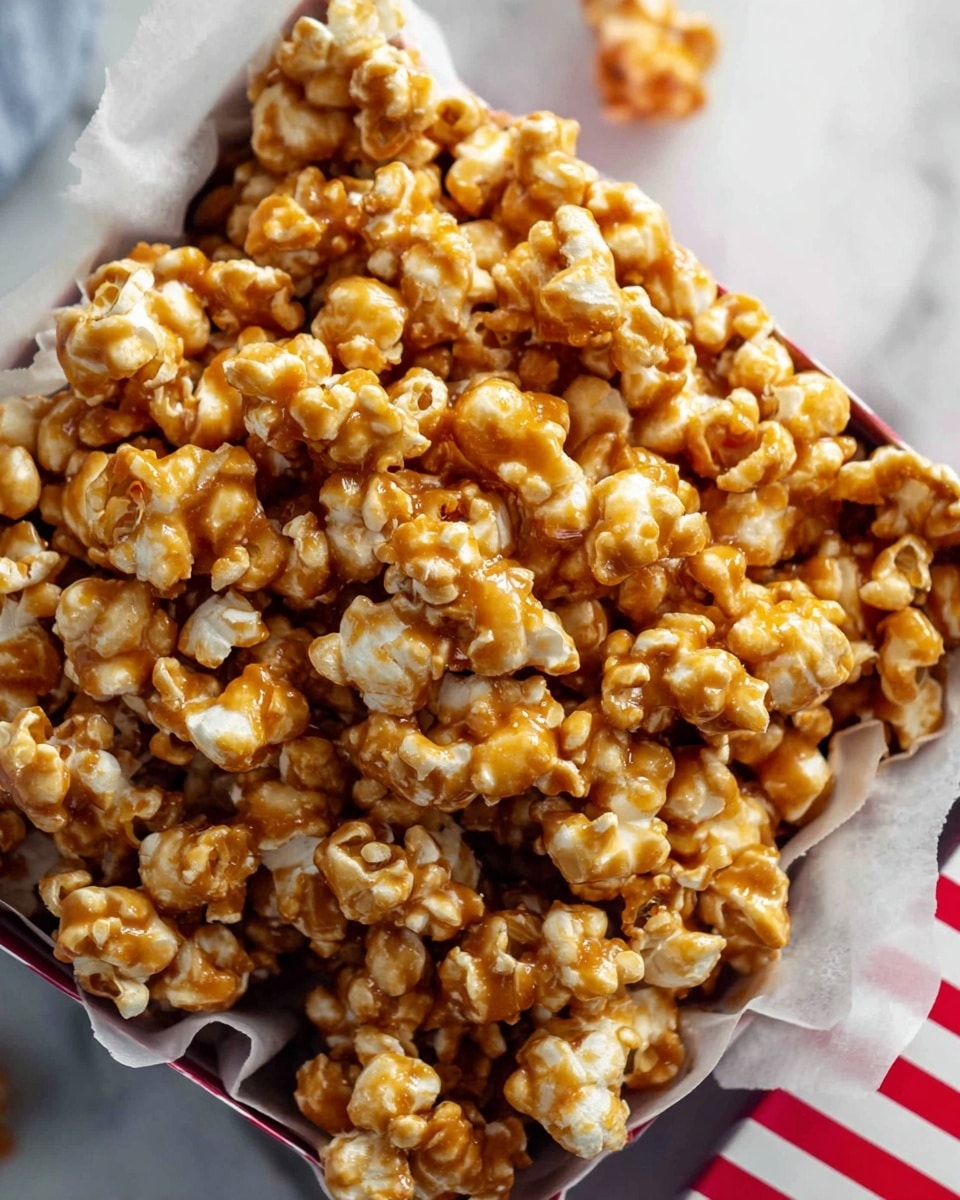 The image shows a close-up of crunchy caramel popcorn packed inside a white paper-lined container with red stripes along the rim. The popcorn is golden brown and shiny from the caramel coating, with some pieces showing light white popcorn texture peeking through. The popcorn pieces are clustered closely, filling the container fully and giving a textured, fluffy yet crunchy look. The background is a white marbled surface partially visible underneath. photo taken with an iphone --ar 4:5 --v 7