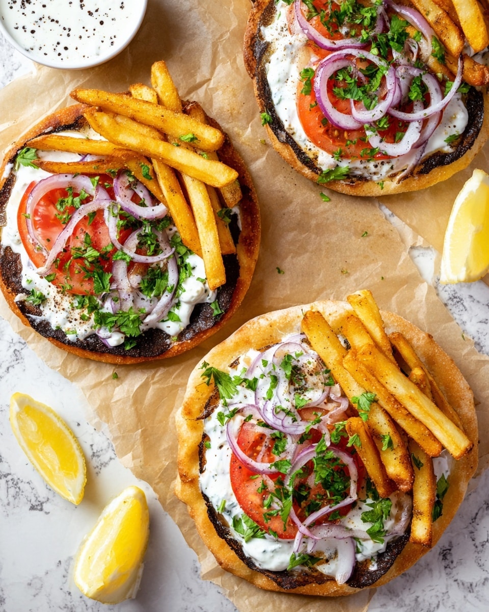 Three round flatbreads with crispy, golden-brown edges are topped with a thick dark spread that covers most of the surface. On top of the spread is a layer of creamy white sauce, spread unevenly but generously. Thin slices of red tomato and rings of purple onion rest on the white sauce, sprinkled with fresh bright green chopped herbs. Thick golden-brown fries are stacked on one side of each flatbread. To the side are bright yellow lemon wedges and a glimpse of a white bowl with black spots holding some white sauce. The whole scene is placed on a white marbled texture. photo taken with an iphone --ar 4:5 --v 7