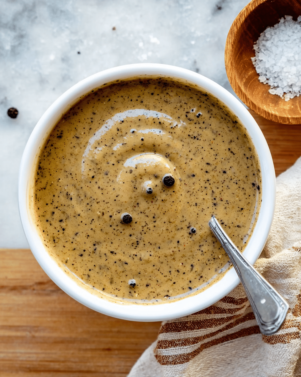 A white bowl filled with a thick, creamy sauce that has a light brown color with visible black pepper specks scattered throughout. The sauce surface is smooth with a slight swirl texture and a few larger whole peppercorns floating on top. A silver spoon is partially submerged in the sauce, capturing some of it in its bowl, creating a glossy reflection. The bowl sits on a white marbled surface, with a small wooden bowl of coarse salt and a beige cloth with a brown stripe partially visible around it. Photo taken with an iphone --ar 4:5 --v 7