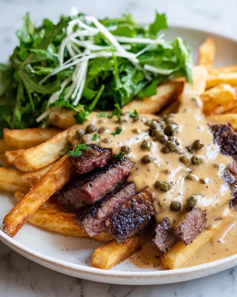 A white plate holds a dish with three main layers; the bottom layer is golden, slightly crispy French fries with some browning on the edges, the middle layer features slices of browned and juicy steak with a seared dark crust, and the top layer is a creamy beige sauce with visible whole green peppercorns spread unevenly over the steak and some fries. Behind the steak and fries, there is a pile of fresh green leafy salad with white shreds mixed in. The photo is set on a white marbled surface and is close up, showing texture details. Photo taken with an iphone --ar 4:5 --v 7