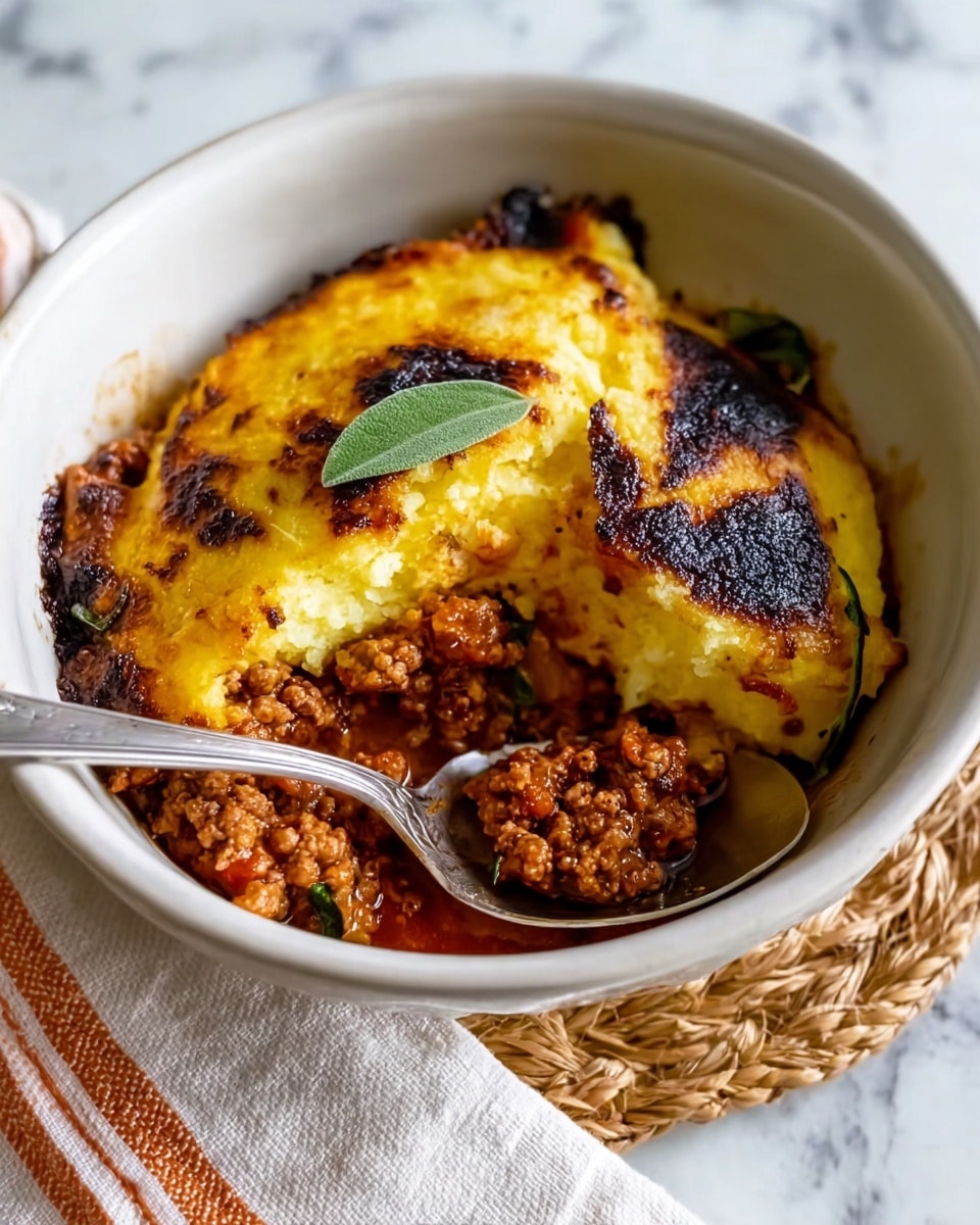 The image shows a white bowl with two thick layers of food; the bottom layer is a crumbly, reddish-brown meat sauce with chunks of meat, and the top layer is a golden-yellow, creamy mixture with dark charred spots on top. A small green herb leaf is placed on the creamy layer for garnish. There is a silver spoon resting inside the bowl with its handle on the edge. The bowl is set on a woven coaster, and a part of a white cloth with orange stripes is visible beside it. The background surface is a white marbled texture. Photo taken with an iphone --ar 4:5 --v 7