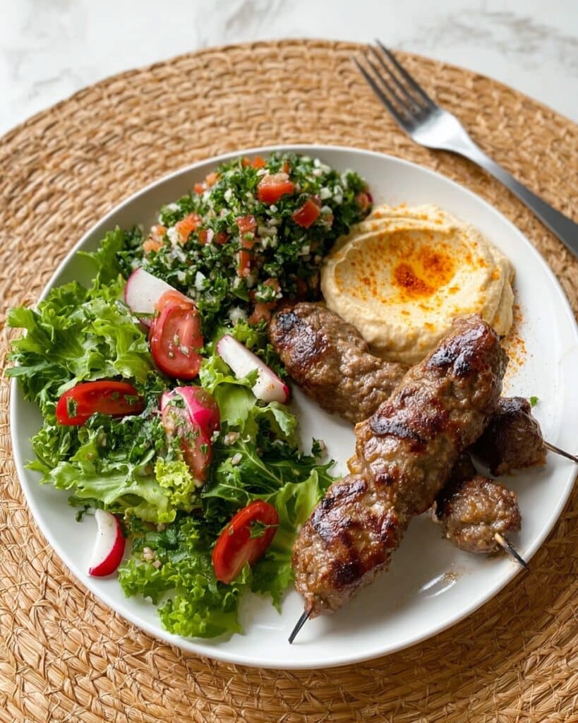 Lamb Kofta with Fattoush Salad and Hummus Recipe