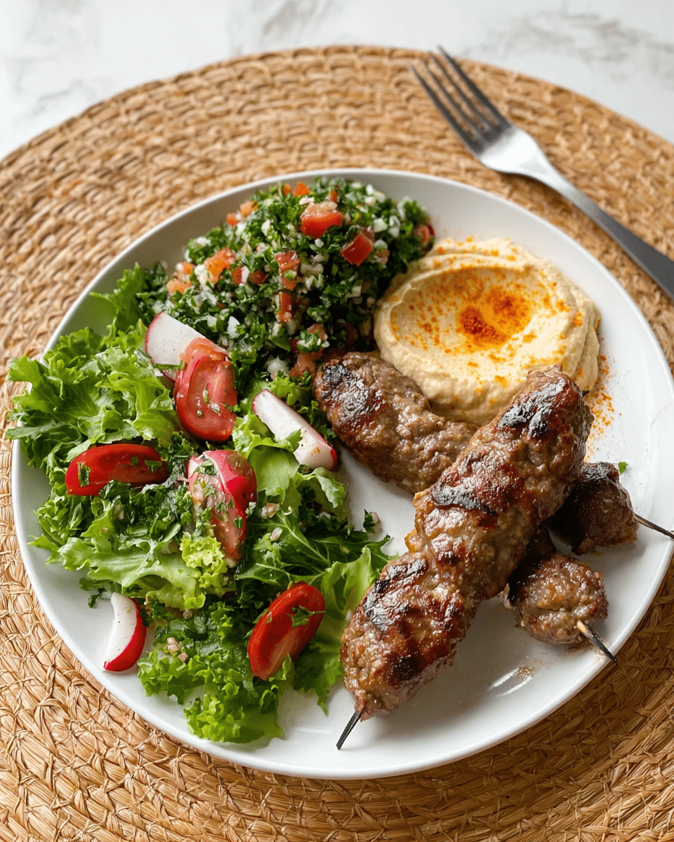 A white round plate holds a meal with several parts: two brown grilled meat skewers with a shiny, slightly oily surface sit on the right side; next to them, a creamy dollop of light beige hummus with a hint of orange spice sprinkled on top rests near the edge. On the left side are fresh mixed salad greens with bright green leaves, red grape tomatoes, slices of pale radish, and pieces of slightly charred flatbread. Above the salad is a finely chopped tabbouleh with green parsley, red tomato bits, and small white grains. The plate rests on a woven light brown placemat with a silver fork beside it, all set on a white marbled texture. photo taken with an iphone --ar 4:5 --v 7