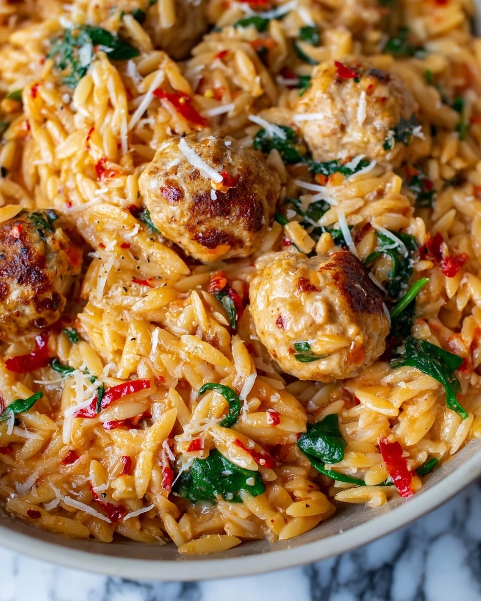 The image shows a close-up of a creamy orzo pasta dish with meatballs mixed in. The orzo is orange-tinted with small bits of tomato and flecks of red pepper flakes scattered throughout. Bright green spinach leaves add a splash of color on top, and the meatballs have a golden-brown surface with a bit of grated white cheese sprinkled over them. The texture looks smooth and creamy, with the pasta and toppings evenly mixed. The background shows a white marbled surface. photo taken with an iphone --ar 4:5 --v 7