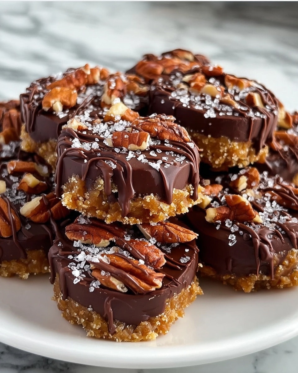 A white plate holds several small round treats stacked closely together. Each treat has a bottom layer of light golden brown crumbly crust, covered with a thick middle layer of glossy dark chocolate. On top, there are uneven pieces of brown pecans, with a drizzle of darker chocolate lines and a sprinkling of coarse white salt crystals, giving a textured look. The background shows a white marbled surface. Photo taken with an iphone --ar 4:5 --v 7