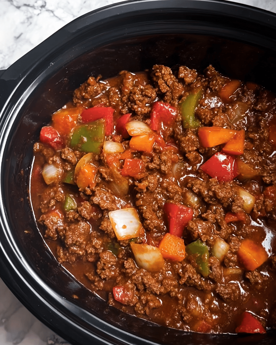 The image shows a close-up of a cooked ground beef dish mixed with chunky vegetables in a dark sauce inside a black cooking container. The dish has one visible layer with brown, crumbly beef pieces scattered evenly throughout. Mixed in are diced onions that are white and slightly translucent, red and orange bell pepper chunks, as well as some green pepper pieces. The sauce is glossy and brown, covering most ingredients and adding a moist texture. The background surface is a white marbled texture. Photo taken with an iphone --ar 4:5 --v 7