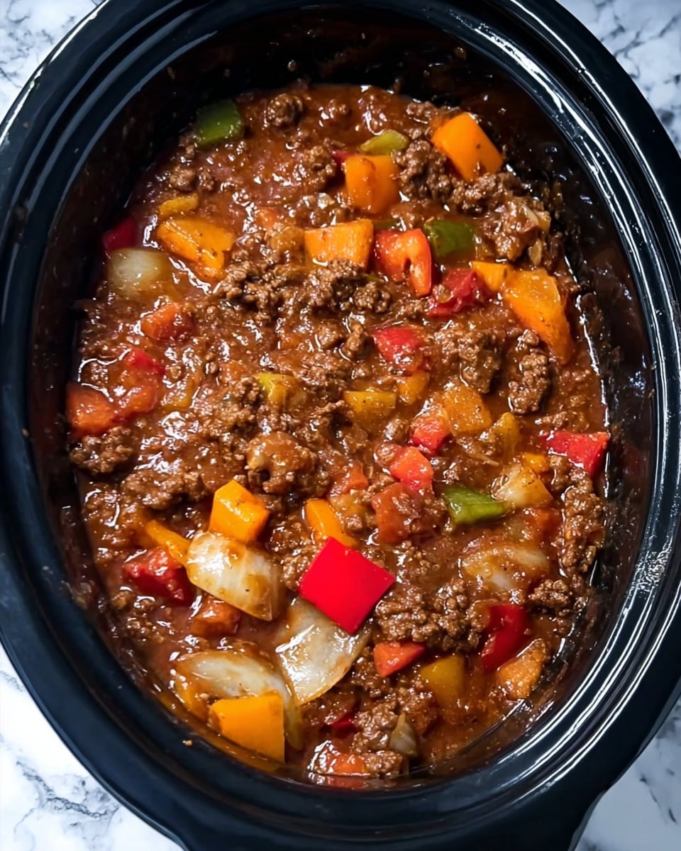 The image shows a close-up of a cooked dish in a black slow cooker. The dish has multiple layers visible: a thick, rich brown sauce that looks glossy and covers the entire meal. Mixed in the sauce are chunky pieces of browned ground meat scattered all over. There are also colorful vegetable pieces: orange and red bell peppers, and large, slightly translucent pieces of white onion. The vegetables appear soft but still hold their shape. Some green pepper bits add a hint of color contrast. The overall texture looks hearty and moist, with the sauce slightly pooling around the meat and vegetables. The photo is taken on a white marbled surface. photo taken with an iphone --ar 4:5 --v 7