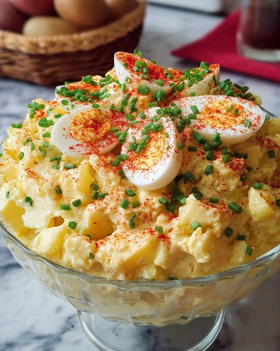 A clear bowl filled with creamy yellow potato salad mixed with small pieces of potato and eggs. The top layer is decorated with halves of boiled eggs sprinkled with bright red paprika powder and chopped fresh green chives. The bowl is set on a white marbled surface with a blurred basket and other items in the background. The texture of the salad looks smooth and slightly chunky. photo taken with an iphone --ar 4:5 --v 7