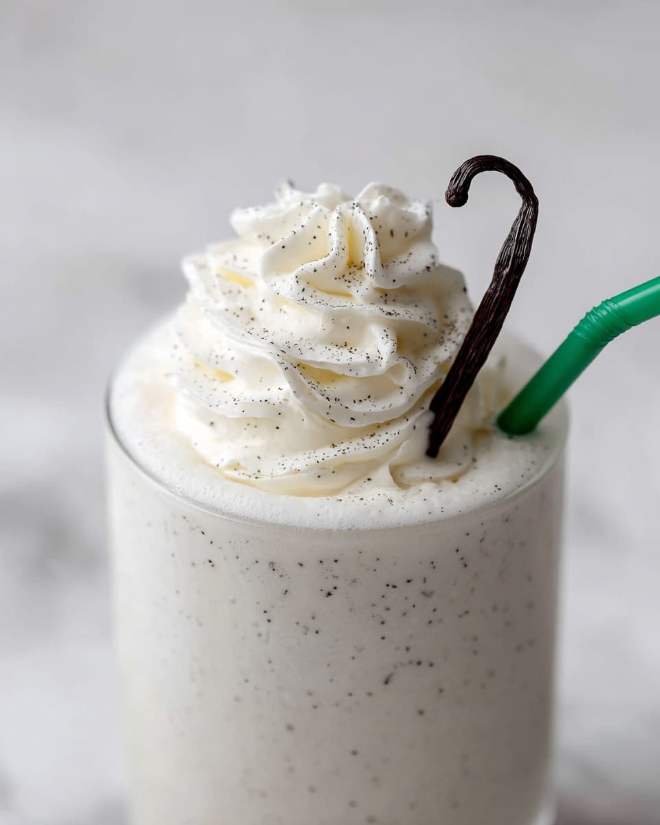 A close-up of a creamy white drink in a clear glass filled with fluffy whipped cream on top. The whipped cream layer is thick and smooth with visible small black vanilla specks and is topped with a whole dark brown vanilla bean pod, curled at one end. A green straw is placed on the right side, partially inserted into the whipped cream. The glass is on a white marbled surface, giving a clean and simple background. Photo taken with an iphone --ar 4:5 --v 7