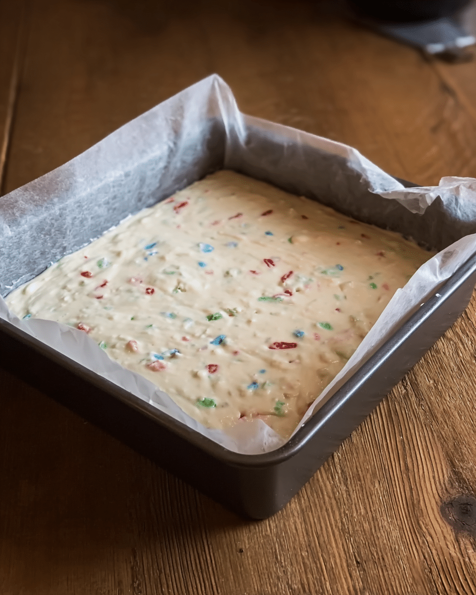 The image shows a baking pan lined with parchment paper, filled with an uncooked batter that appears creamy white with small colorful bits scattered throughout, including red, green, and blue specks. The batter spreads evenly and smoothly across the pan’s surface, with slightly uneven edges where the parchment paper folds upward. The pan is placed on a wooden table in the background. photo taken with an iphone --ar 4:5 --v 7